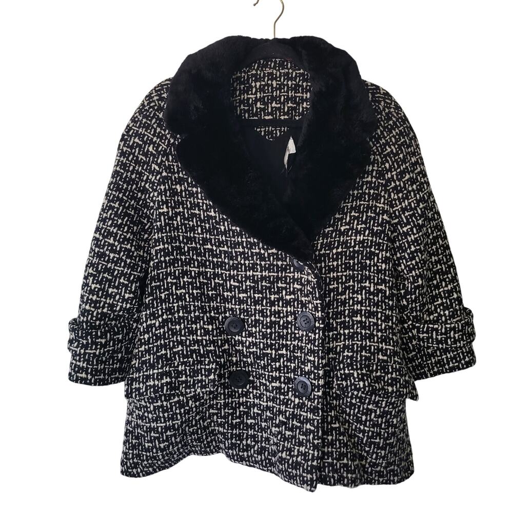 Nicholas Ungar Size EST M Vintage‎ Tweed Short Pea Coat Faux Fur Lined Jacket